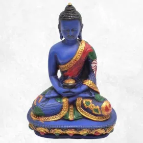 Statuette bouddhiste Bouddha de Médecine avec lotus 14 cm - Statuettes bouddhistes tibétaines artisanales