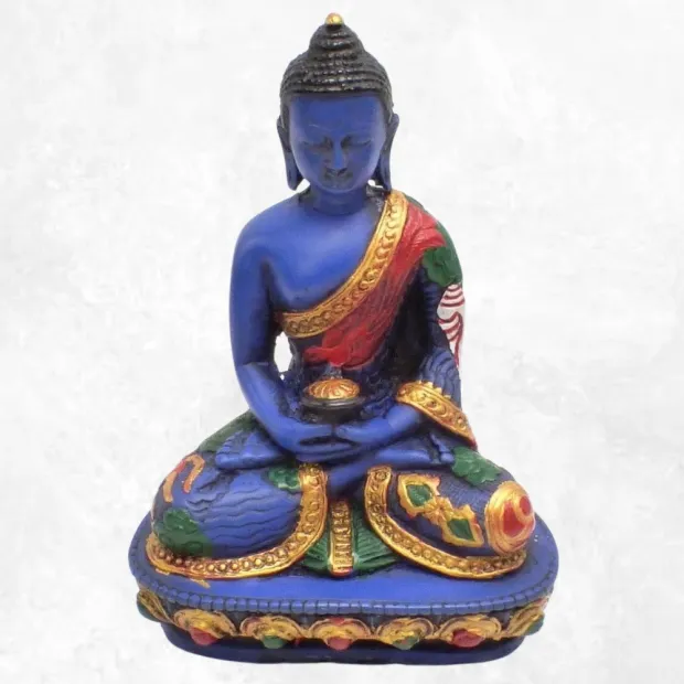 Statuette bouddhiste Bouddha de Médecine avec lotus 14 cm - Statuettes bouddhistes tibétaines artisanales