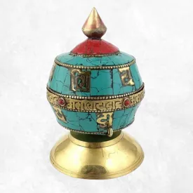 Moulin à prières tibétain de table en turquoise - Objets rituels bouddhistes