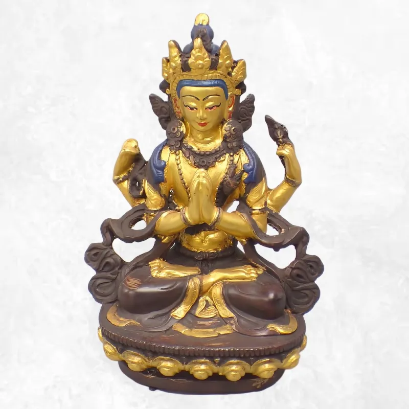 Statuette bouddhiste Chenrezi marron et or 15 cm - Statuettes bouddhistes tibétaines artisanales