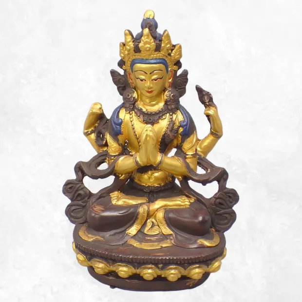 Statuette bouddhiste Chenrezi marron et or 15 cm - Statuettes bouddhistes tibétaines artisanales