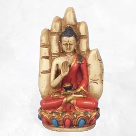Statuette bouddhiste tibétaine Bouddha posé sur main coloré - Statuettes bouddhistes tibétaines artisanales