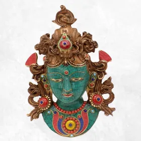 Masque de Tara en résine serti de pierres - Artisanat Tibétain - Sculpture, tableau, masque mural bouddhiste