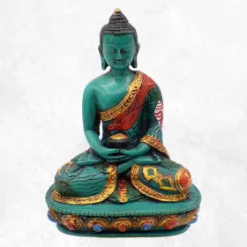 Statuette tibétaine Bouddha en méditation résine verte - Statuettes bouddhistes tibétaines artisanales