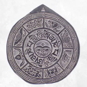 Sculpture bouddhiste sur ardoise Mantra Signes auspicieux - Décoration tibétaine