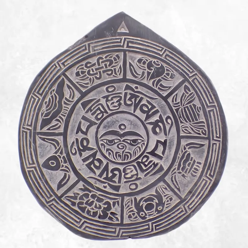 Sculpture bouddhiste sur ardoise Mantra Signes auspicieux - Décoration tibétaine
