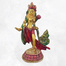 Petite statuette tibétaine Tara Verte peinte dorée - Statuettes bouddhistes tibétaines artisanales