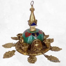 Statuette bouddhiste Stupa tibétain Feuilles en laiton et pierres - Statuettes bouddhistes tibétaines artisanales