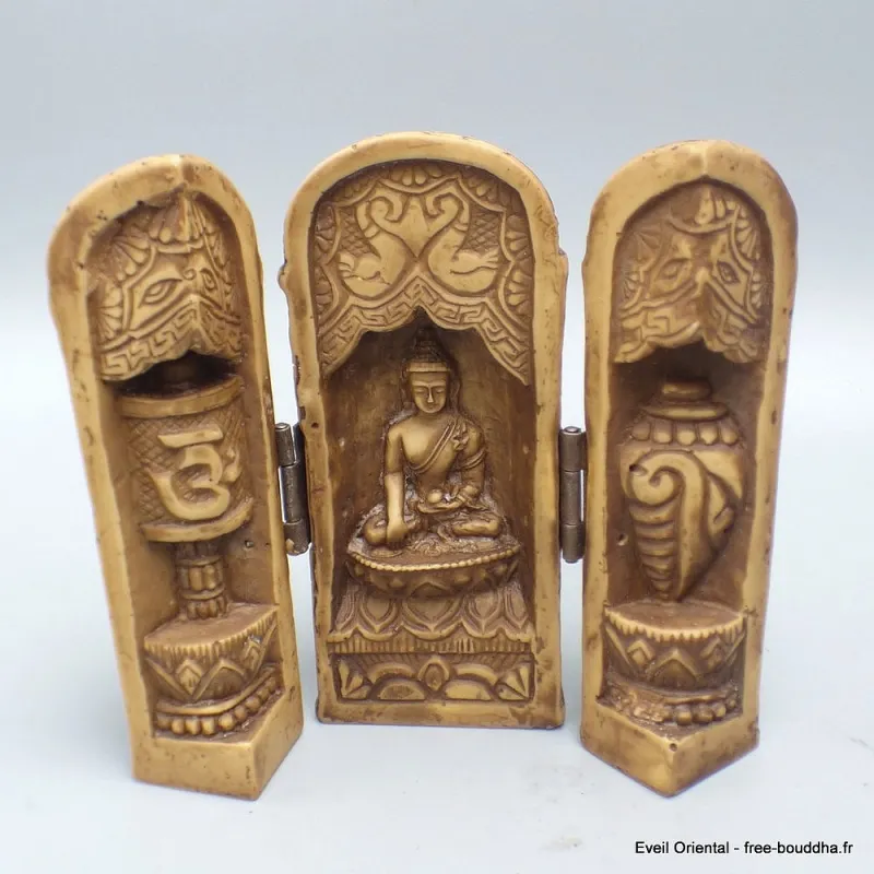 Statuette bouddhiste Temple triptyque bouddhiste de voyage - Objets rituels bouddhistes
