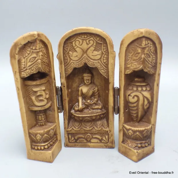 Statuette bouddhiste Temple triptyque bouddhiste de voyage - Objets rituels bouddhistes