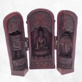 Statuette bouddhiste Temple triptyque bouddhiste de voyage rouge - Objets rituels bouddhistes