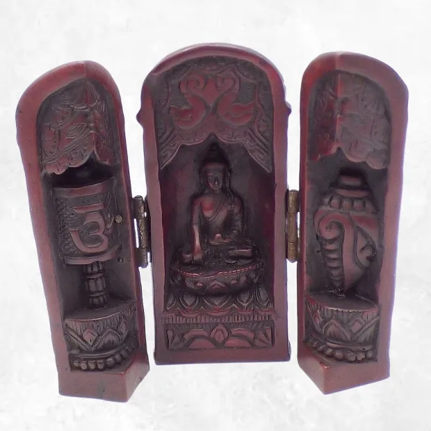 Statuette bouddhiste Temple triptyque bouddhiste de voyage rouge - Objets rituels bouddhistes