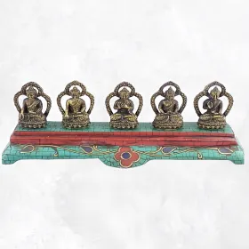 Statuette tibétaine 5 Bouddhas laiton turquoise - Statuettes bouddhistes tibétaines artisanales
