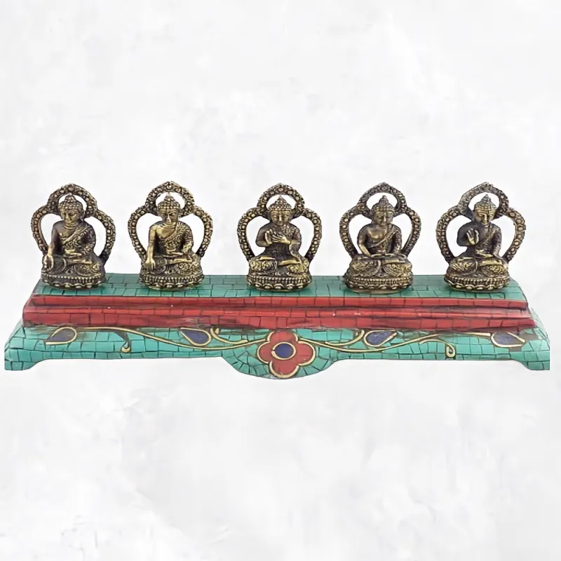 Statuette tibétaine 5 Bouddhas laiton turquoise - Statuettes bouddhistes tibétaines artisanales