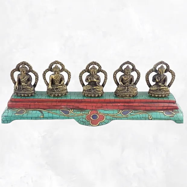 Statuette tibétaine 5 Bouddhas laiton turquoise - Statuettes bouddhistes tibétaines artisanales