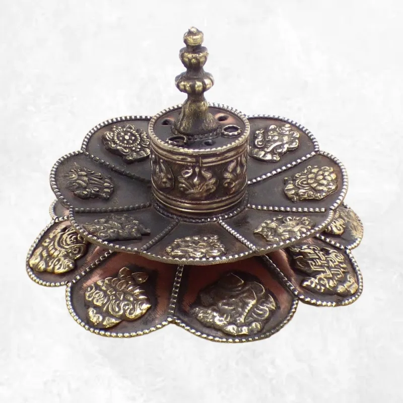 Porte-encens tibétain double Lotus en cuivre vieilli - Porte-encens tibétains