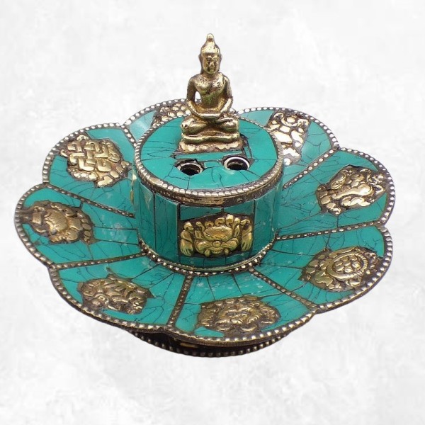 Porte encens tibétain cuivre et turquoise Bouddha Brûleurs et porte-encens PETU2