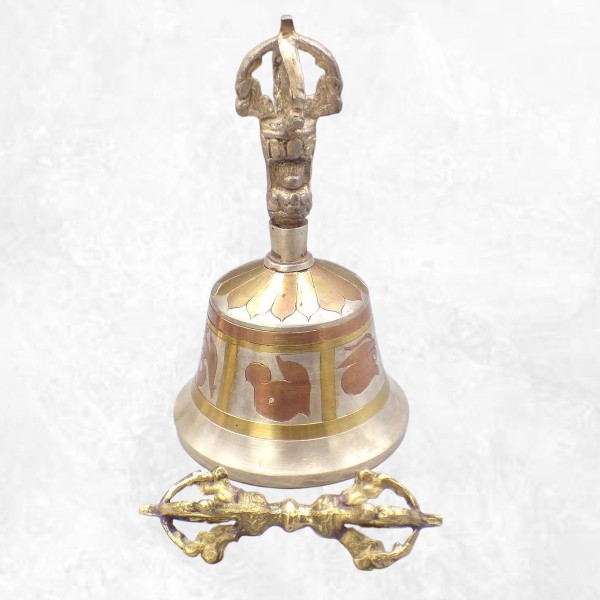 Cloche dorjé tibétain 15 cm plaqué argent mantra tibétain Objets rituels bouddhistes CEDOR4