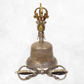 Cloche tibétaine et dorjé bouddhiste en bronze 22 cm - Cloche tibétaine et dorjé tibétain