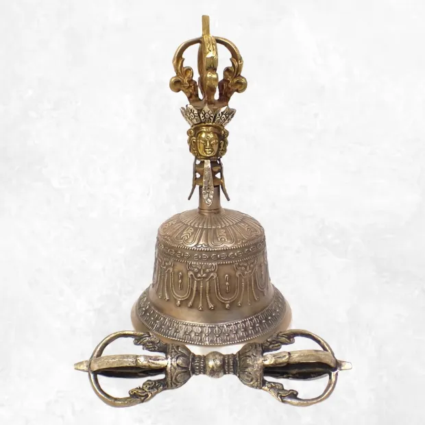 Cloche tibétaine et dorjé bouddhiste en bronze 22 cm - Cloche tibétaine et dorjé tibétain