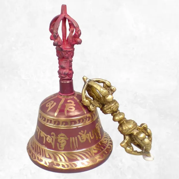 Cloche tibétaine et dorjé 15 cm bordeau - Cloche tibétaine et dorjé tibétain