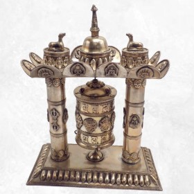 Rare Moulin à prières 2 piliers plaqué argent 27 CM Moulins à Prières tibétains MAPT4