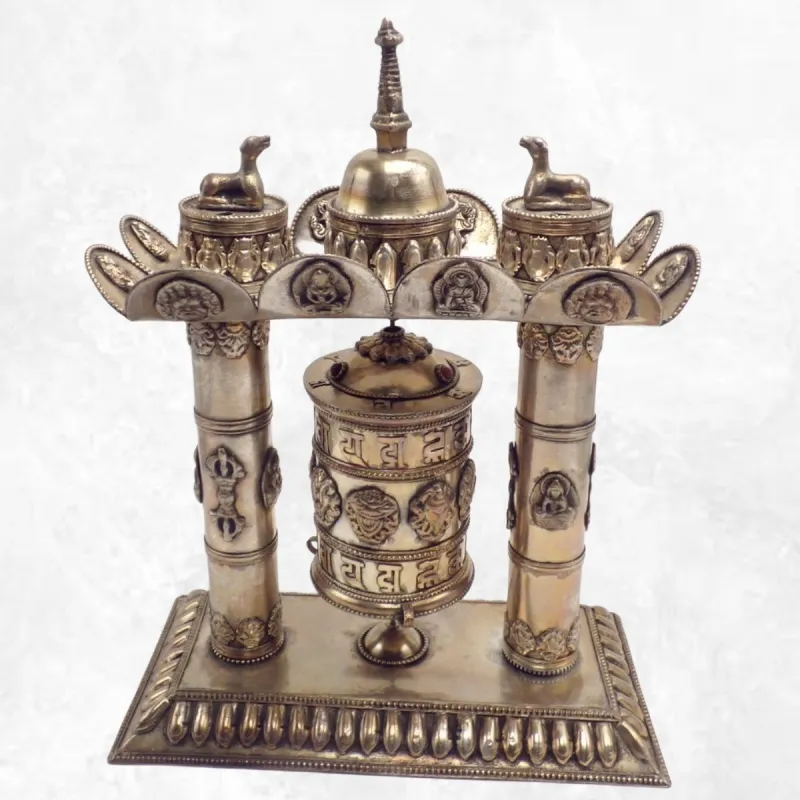 Rare Moulin à prières 2 piliers plaqué argent 27 CM - Moulins à Prières tibétains