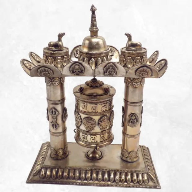Rare Moulin à prières 2 piliers plaqué argent 27 CM - Moulins à Prières tibétains