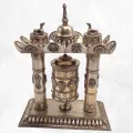 Rare Moulin à prières 2 piliers plaqué argent 27 CM - Moulins à Prières tibétains