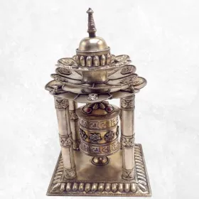 Rare Moulin à prières 4 piliers plaqué argent 30 CM - Moulins à Prières tibétains