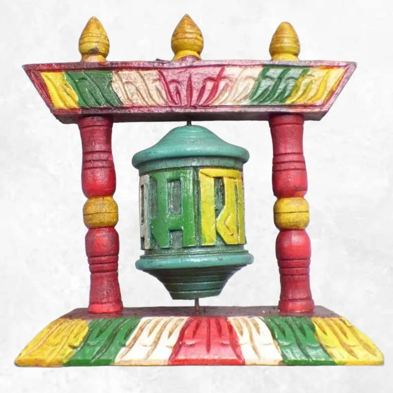 Moulin à prières en bois sculpté 13 cm - Objets rituels bouddhistes