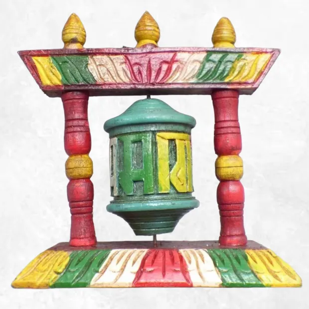 Moulin à prières en bois sculpté 13 cm - Objets rituels bouddhistes