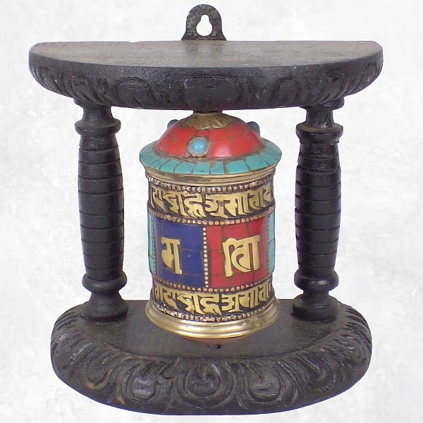 Moulin à prières tibétain bois pierres 14 cm