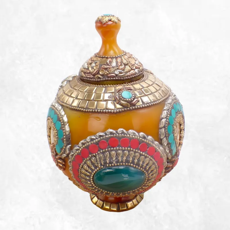 Grosse Boîte à bijoux tibétaine en Ambre Onyx - Artisanat tibétain bouddhiste