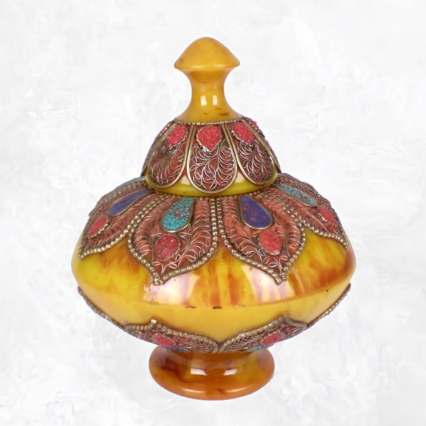Boîte à bijoux tibétaine en Ambre et métal vieilli Artisanat tibétain bouddhiste BAT6.3