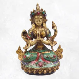 Statue Chenrezi laiton et pierres naturelles 15 cm - Statuettes bouddhistes tibétaines artisanales