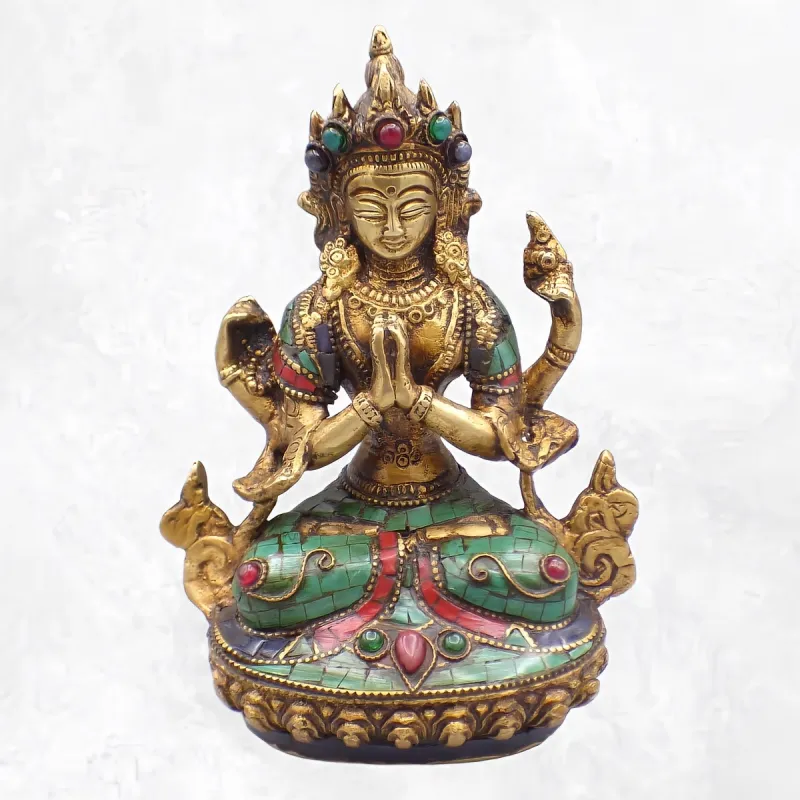 Statue Chenrezi laiton et pierres naturelles 15 cm - Statuettes bouddhistes tibétaines artisanales