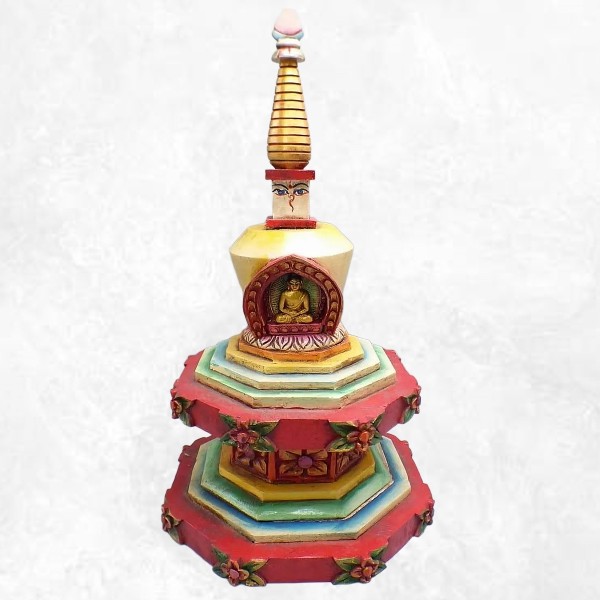 Grand Stupa tibétain en bois peint à la main 36 cm Statuettes Bouddhistes STU11