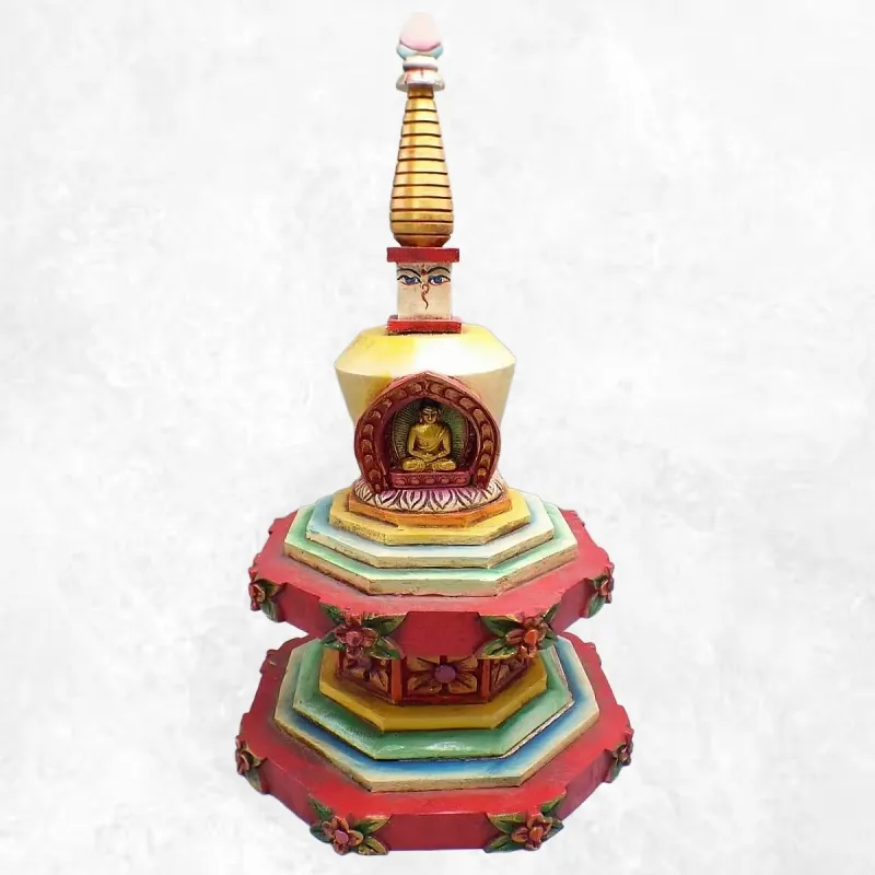 Statuette bouddhiste Grand Stupa tibétain en bois peint à la main 36 cm - Statuettes bouddhistes tibétaines artisanales