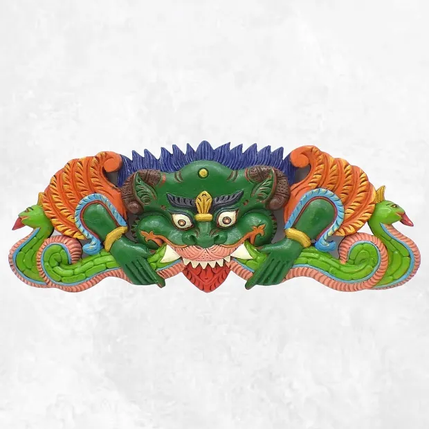 Décoration murale en bois Mahakala peint à la main - Statuettes bouddhistes tibétaines artisanales