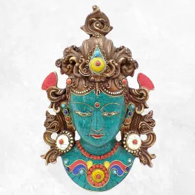 Masque Tara Verte serti de pierres - Artisanat Tibétain - Sculpture, tableau, masque mural bouddhiste