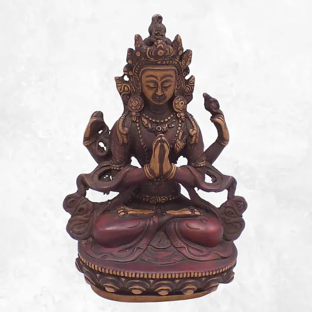 Statuette bouddhiste Chenrezi 4 bras patine antique 16 cm - Statuettes bouddhistes tibétaines artisanales
