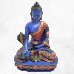 Statue bouddhiste Bouddha de Médecine peinte à la main 20 cm - Statuettes bouddhistes tibétaines artisanales