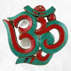 Om tibétain mural en bois et pierres naturelles - Décoration tibétaine