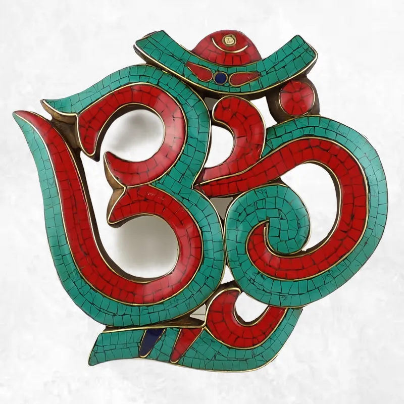 Om tibétain mural en bois et pierres naturelles - Décoration tibétaine