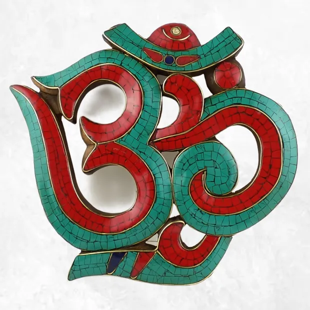 Om tibétain mural en bois et pierres naturelles - Décoration tibétaine