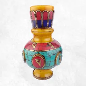 Vase tibétain ambre, turquoise et corail - Décoration tibétaine