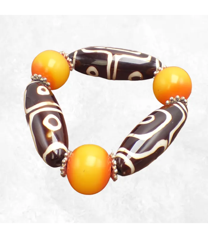 Gros Bracelet tibétain perles de Dzi ambre - Bracelets tibétains bouddhistes