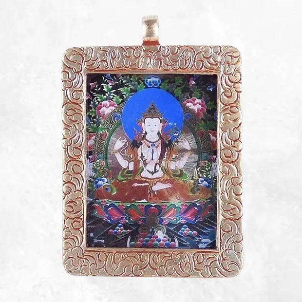 Pendentif amulette tibétaine tangka ghau Chenrezi - Pendentifs tibétains bouddhistes