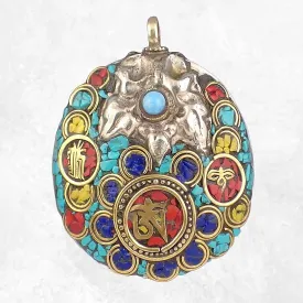 Grand pendentif tibétain bouddhiste os et métal - Pendentifs tibétains bouddhistes